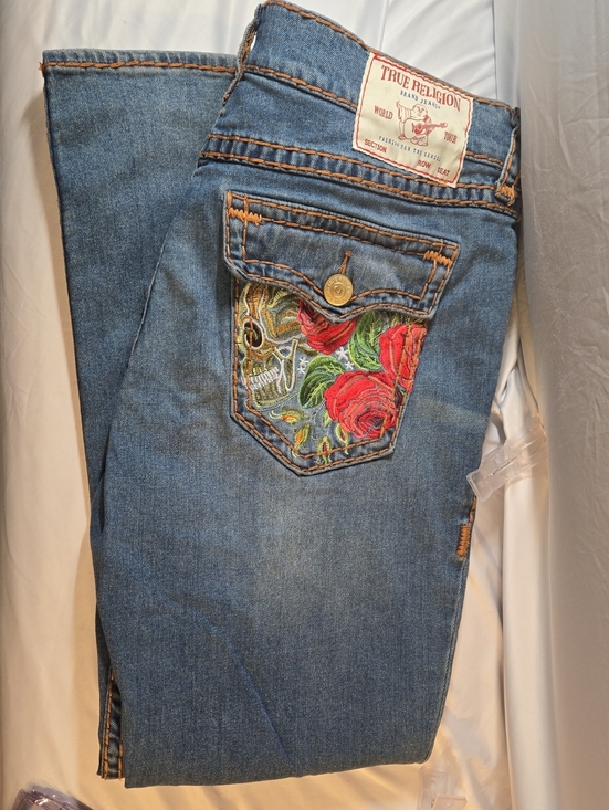 True Religion Other - True Religion Blue Bootcut Jeans with Red Rose Embroidered Pocket